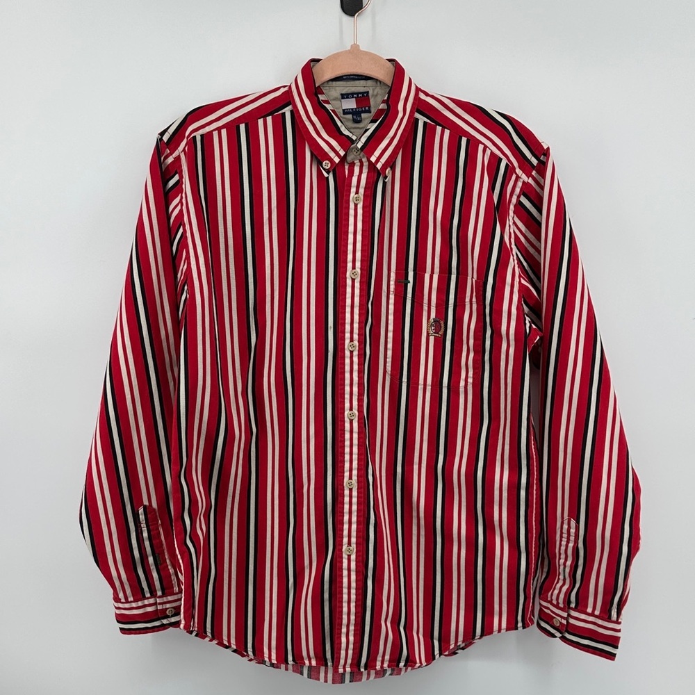 Tommy Hilfiger VTG HipHop Ivy League 90s Western Red/Black Striped Shirt SzXL